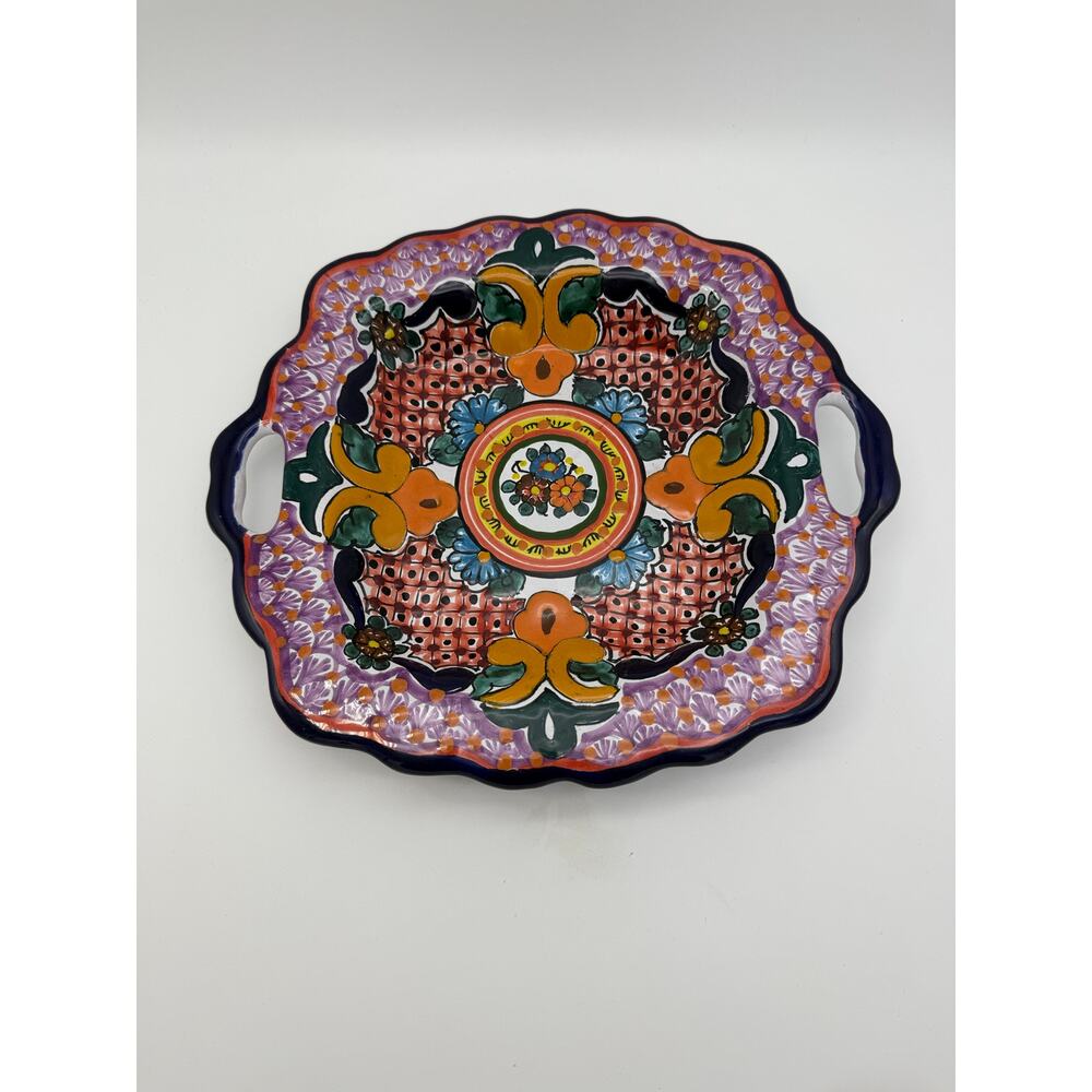 Mexican Talavera Colorful Handpainted Pottery Square Plate Wall Hanging Handles